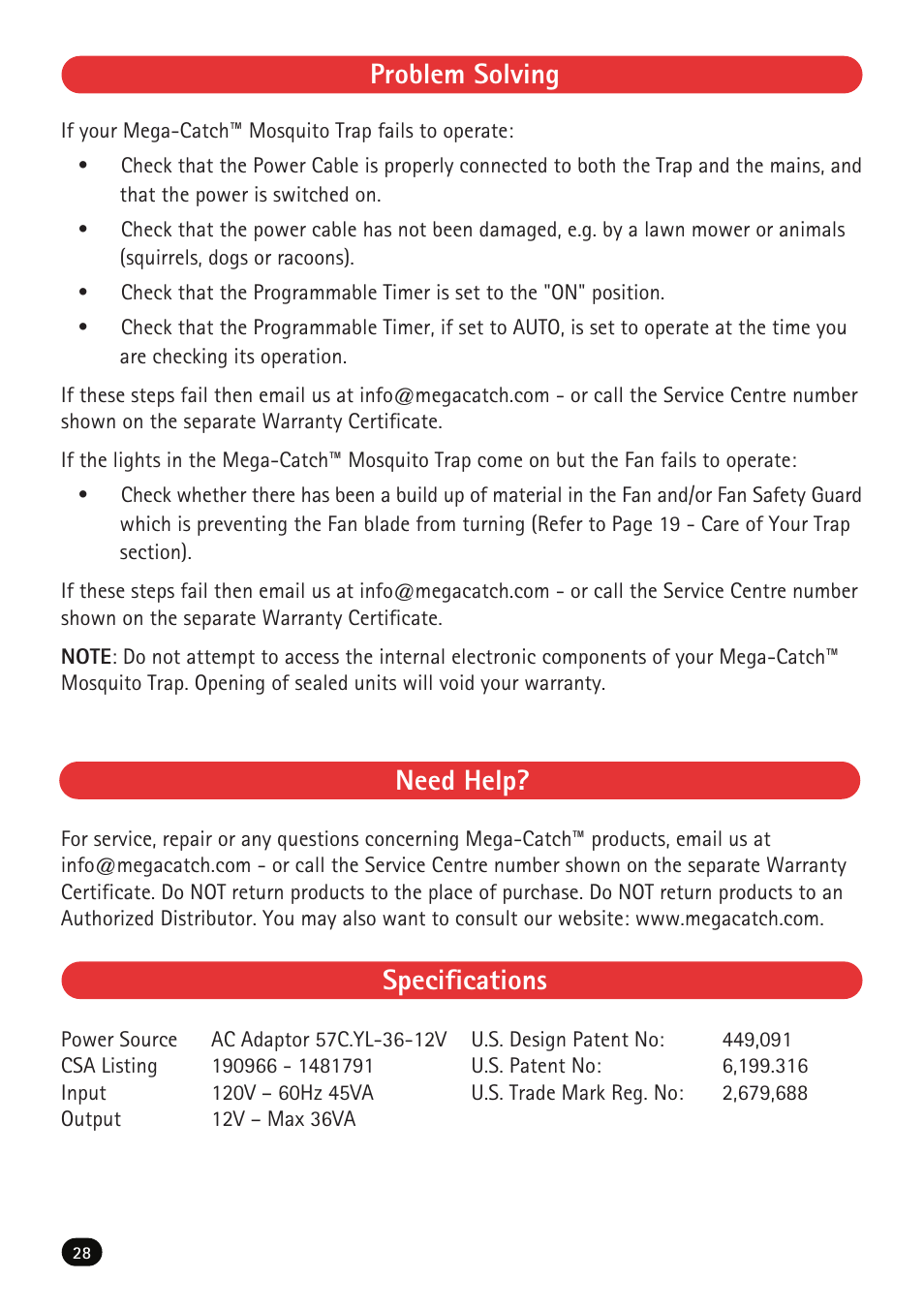 Problem solving need help? specifications | Mega Catch MCU-800 Ultra User Manual | Page 30 / 32