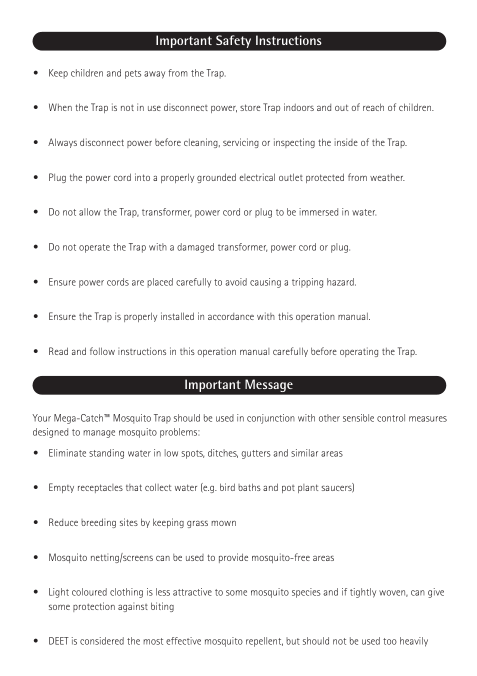 Important safety instructions important message | Mega Catch MCA-600 Alpha User Manual | Page 2 / 8