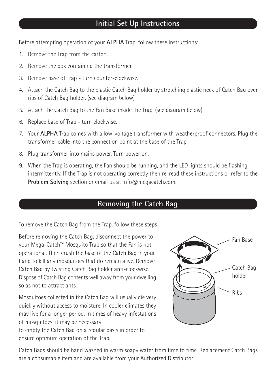 Initial set up instructions removing the catch bag | Mega Catch MCA-600 Alpha User Manual | Page 4 / 8