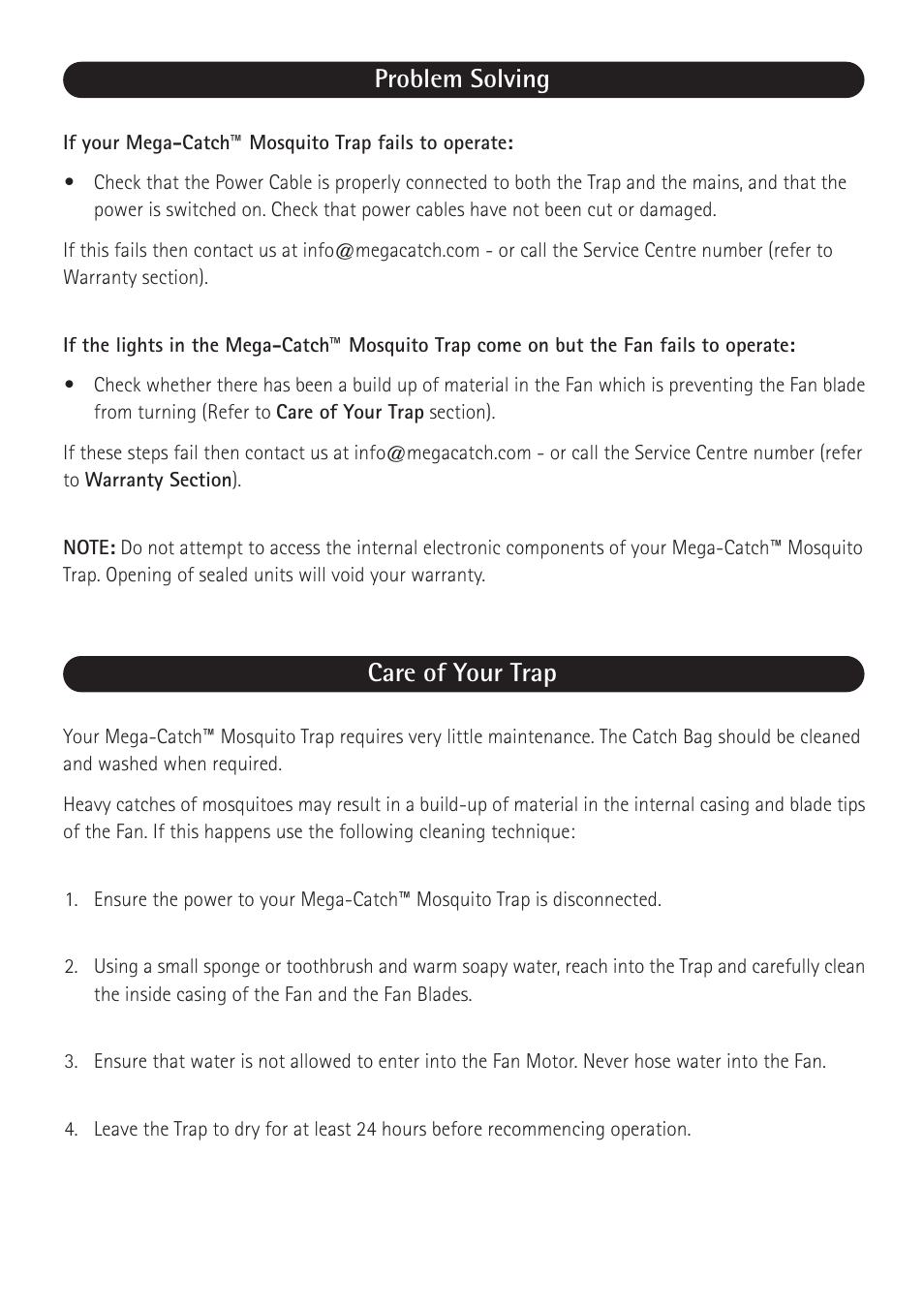 Problem solving, Care of your trap | Mega Catch MCA-600 Alpha User Manual | Page 6 / 8