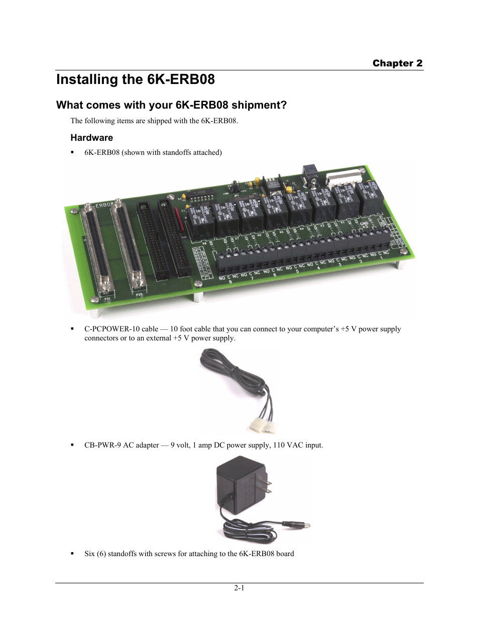 Installing the 6k-erb08, What comes with your 6k-erb08 shipment, Hardware | Installing the 6k-erb08 -1, What comes with your 6k-erb08 shipment? -1, Hardware -1 | Measurement Computing 6K-ERB08 User Manual | Page 10 / 32