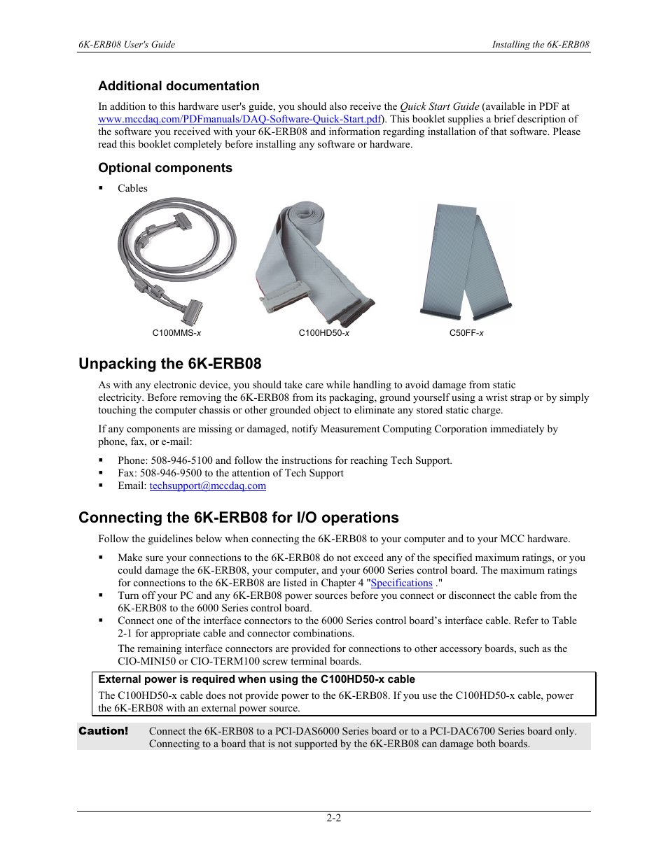 Additional documentation, Optional components, Unpacking the 6k-erb08 | Connecting the 6k-erb08 for i/o operations, Additional documentation -2, Optional components -2, Unpacking the 6k-erb08 -2, Connecting the 6k-erb08 for i/o operations -2 | Measurement Computing 6K-ERB08 User Manual | Page 11 / 32