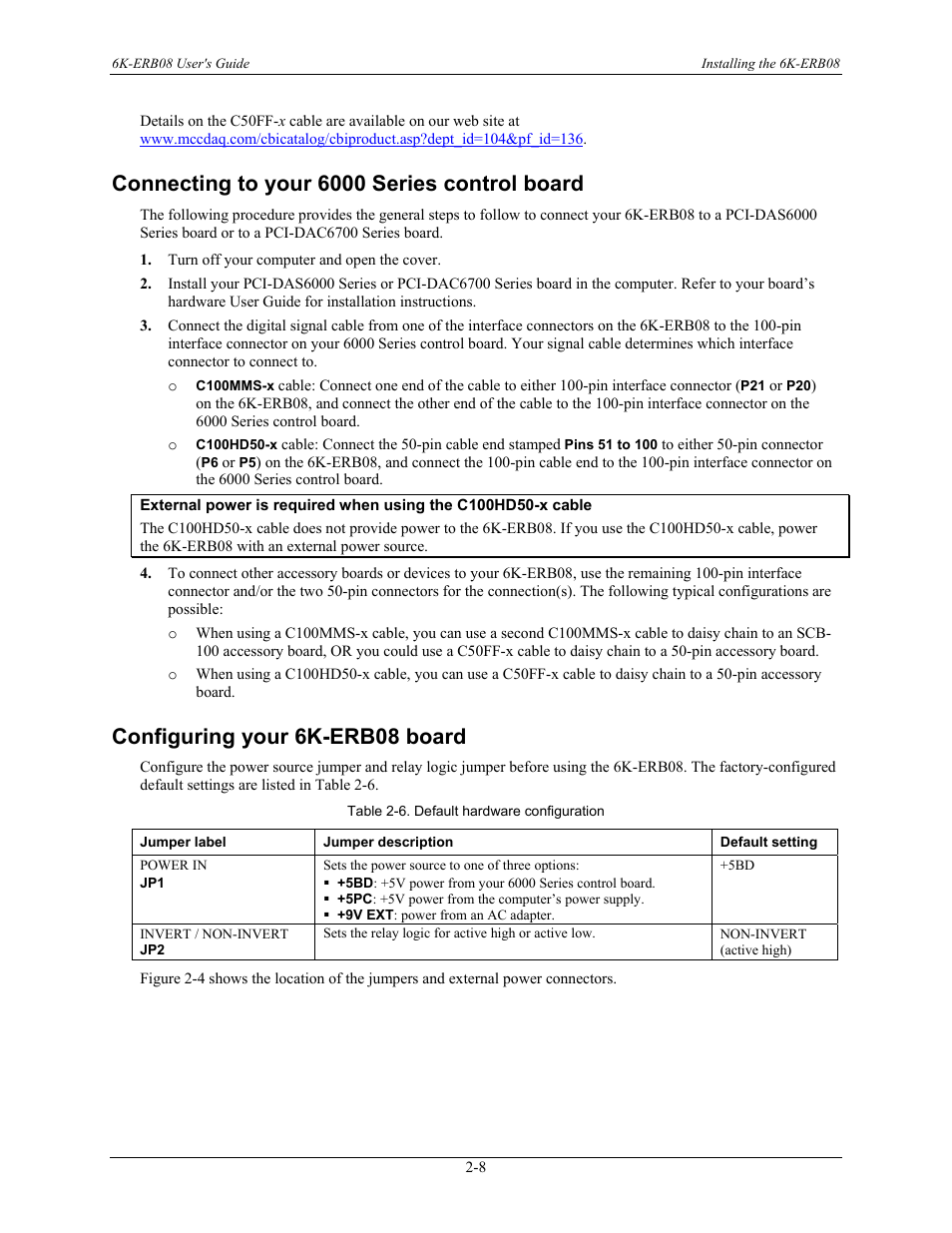 Connecting to your 6000 series control board, Configuring your 6k-erb08 board, Connecting to your 6000 series control board -8 | Configuring your 6k-erb08 board -8 | Measurement Computing 6K-ERB08 User Manual | Page 17 / 32