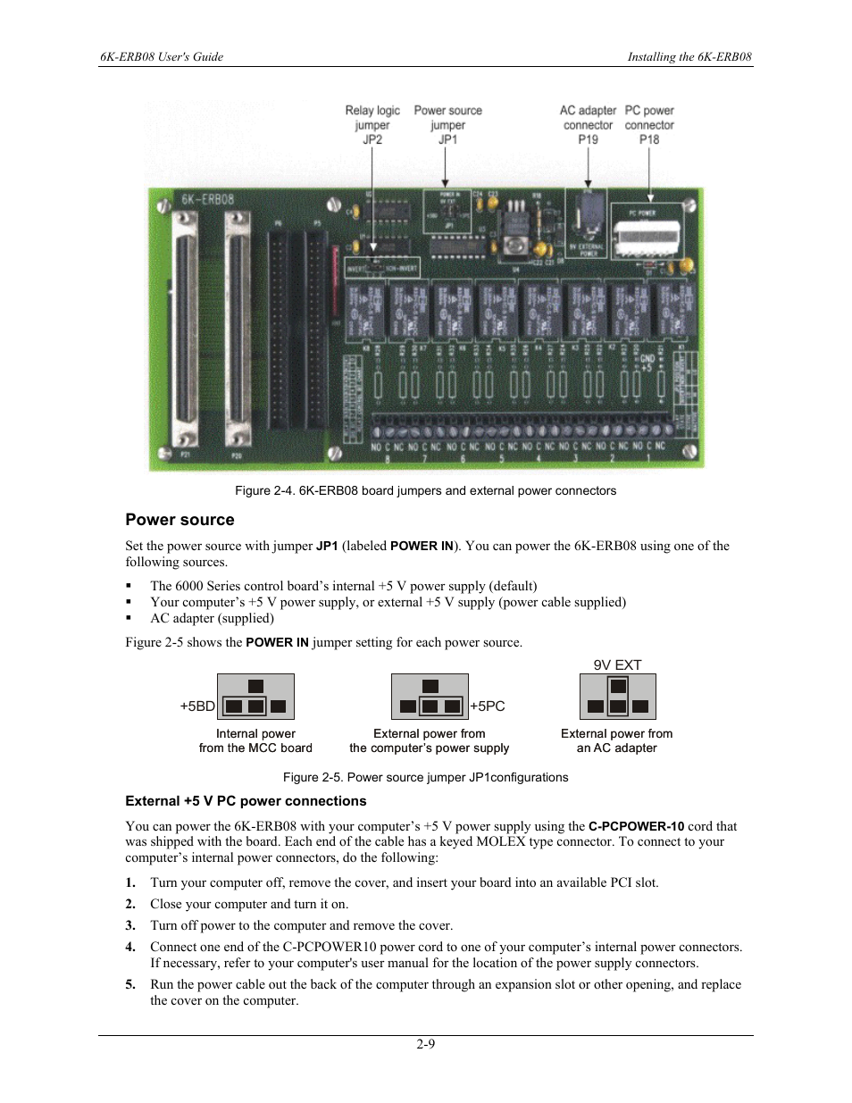 Power source, External +5 v pc power connections, Power source -9 | Figure 2-4 | Measurement Computing 6K-ERB08 User Manual | Page 18 / 32