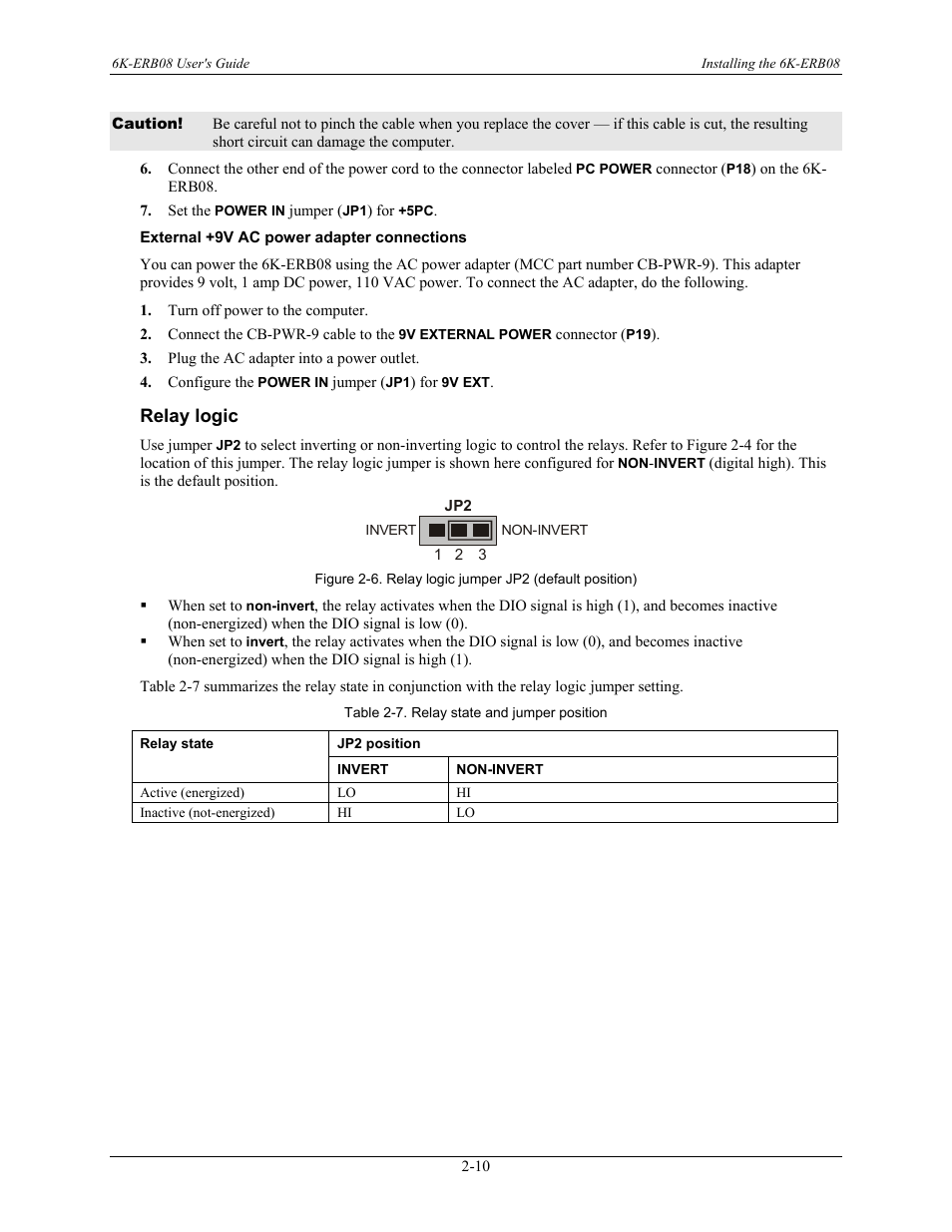 External +9v ac power adapter connections, Relay logic, Relay logic -10 | Measurement Computing 6K-ERB08 User Manual | Page 19 / 32