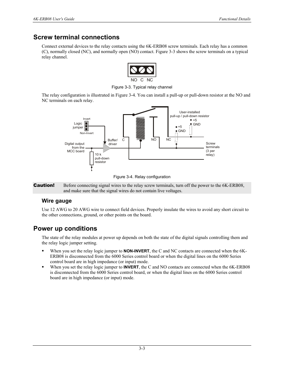 Screw terminal connections, Wire gauge, Power up conditions | Screw terminal connections -3, Wire gauge -3, Power up conditions -3 | Measurement Computing 6K-ERB08 User Manual | Page 22 / 32