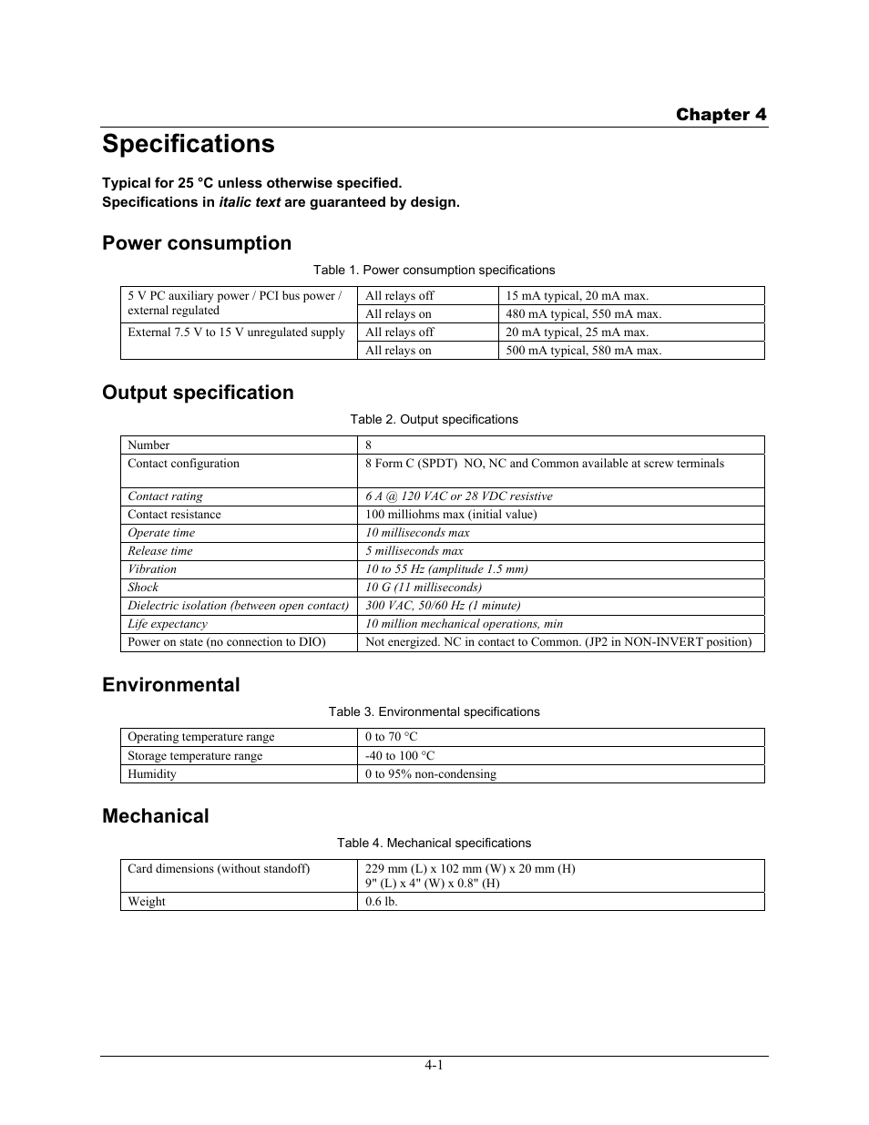 Specifications, Power consumption, Output specification | Environmental, Mechanical, Specifications -1, Power consumption -1, Output specification -1, Environmental -1, Mechanical -1 | Measurement Computing 6K-ERB08 User Manual | Page 25 / 32
