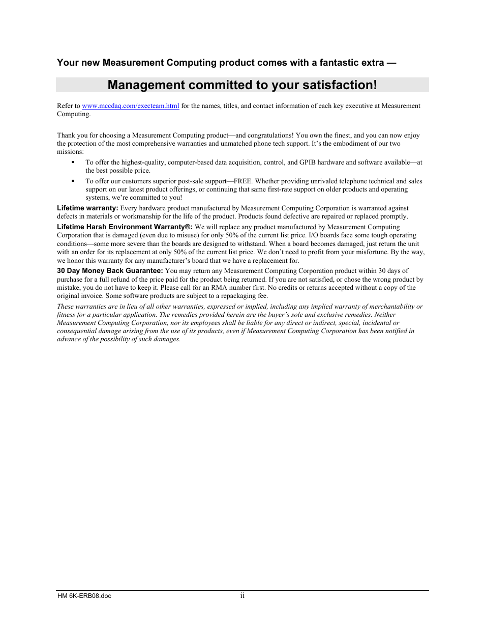 Management committed to your satisfaction | Measurement Computing 6K-ERB08 User Manual | Page 3 / 32