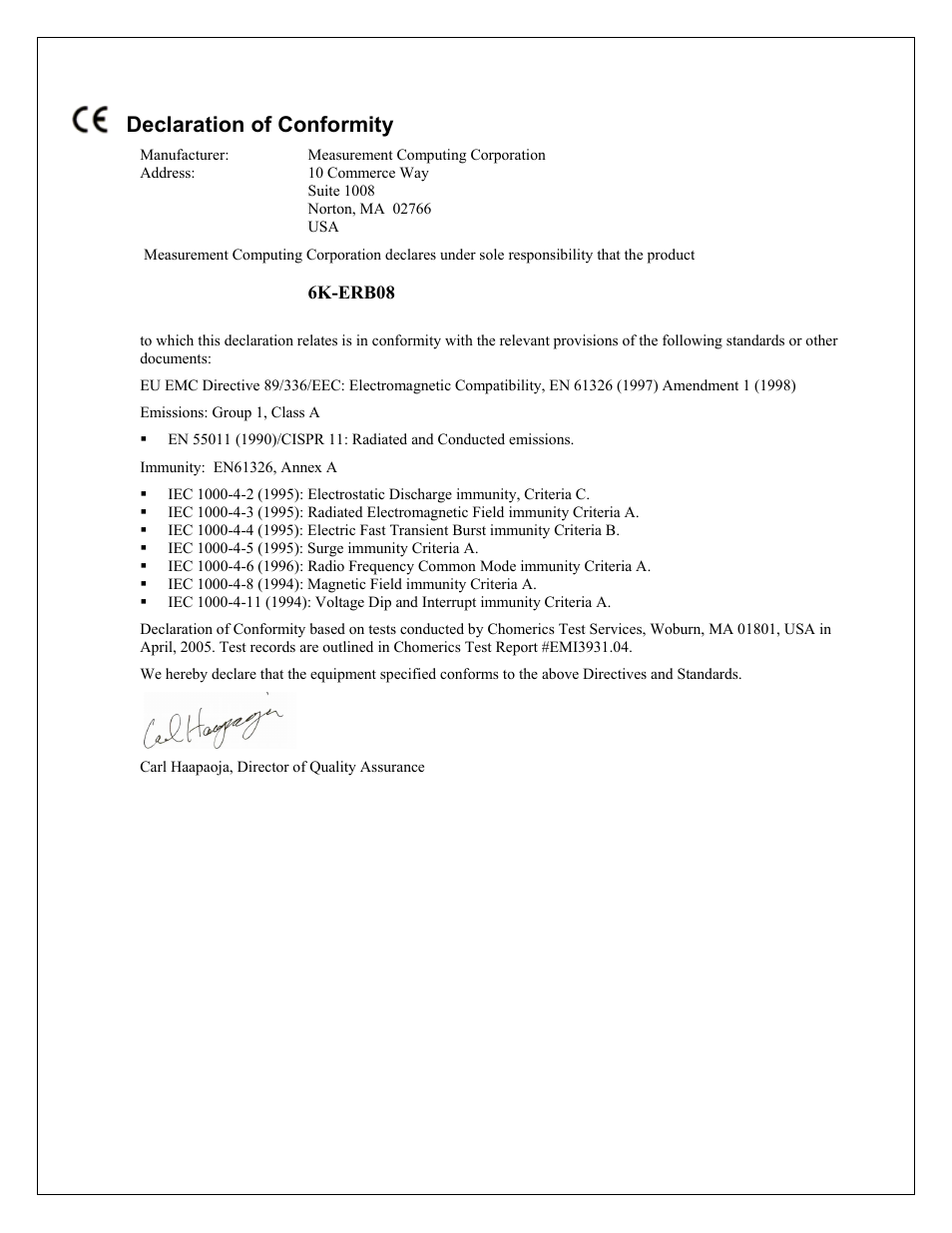 Declaration of conformity | Measurement Computing 6K-ERB08 User Manual | Page 31 / 32