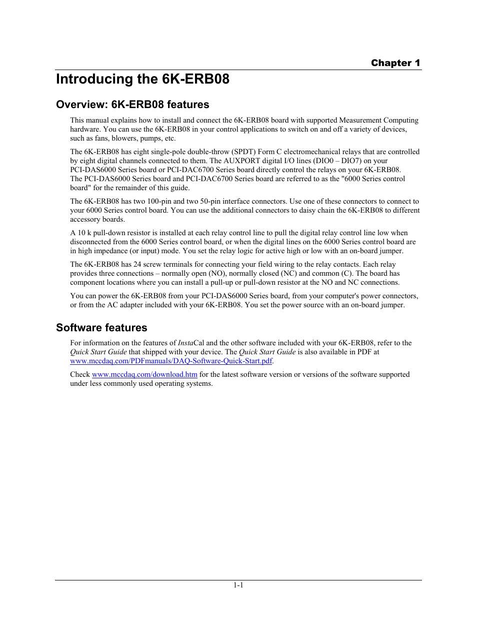 Introducing the 6k-erb08, Overview: 6k-erb08 features, Software features | Introducing the 6k-erb08 -1, Overview: 6k-erb08 features -1, Software features -1 | Measurement Computing 6K-ERB08 User Manual | Page 9 / 32