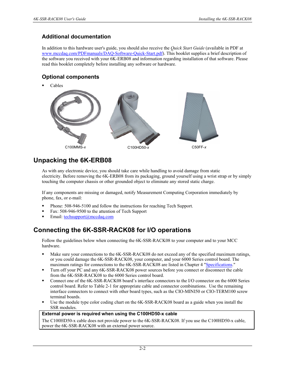 Additional documentation, Optional components, Unpacking the 6k-erb08 | Connecting the 6k-ssr-rack08 for i/o operations, Additional documentation -2, Optional components -2, Unpacking the 6k-erb08 -2, Connecting the 6k-ssr-rack08 for i/o operations -2 | Measurement Computing 6K-SSR-RACK08 User Manual | Page 11 / 33