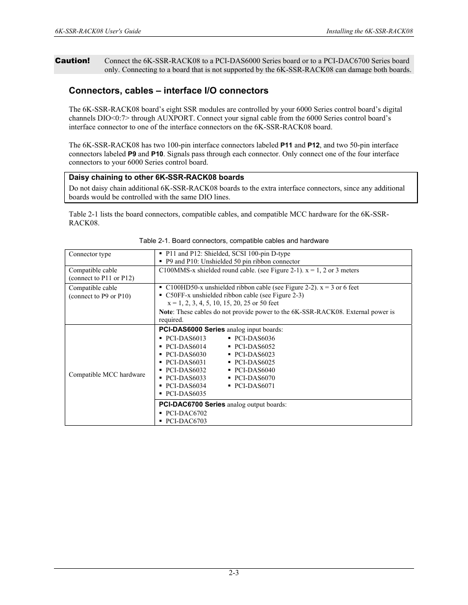 Connectors, cables – interface i/o connectors, Connectors, cables – interface i/o connectors -3, Table 2-1 | Measurement Computing 6K-SSR-RACK08 User Manual | Page 12 / 33