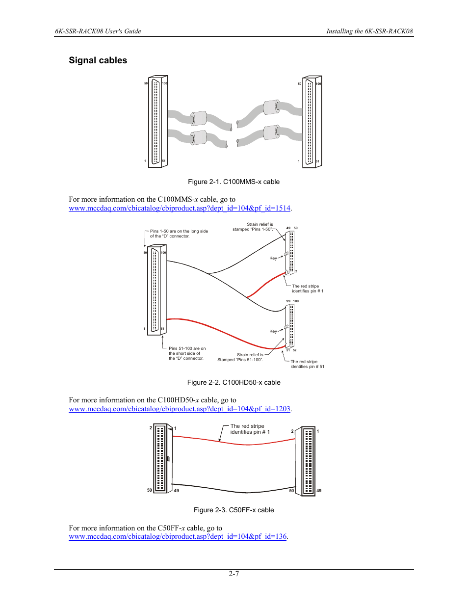Signal cables, Signal cables -7, Ee figure 2-1). x | Cable (see figure 2-2), Cable (see figure 2-3), Figure 2-3. c50ff-x cable | Measurement Computing 6K-SSR-RACK08 User Manual | Page 16 / 33