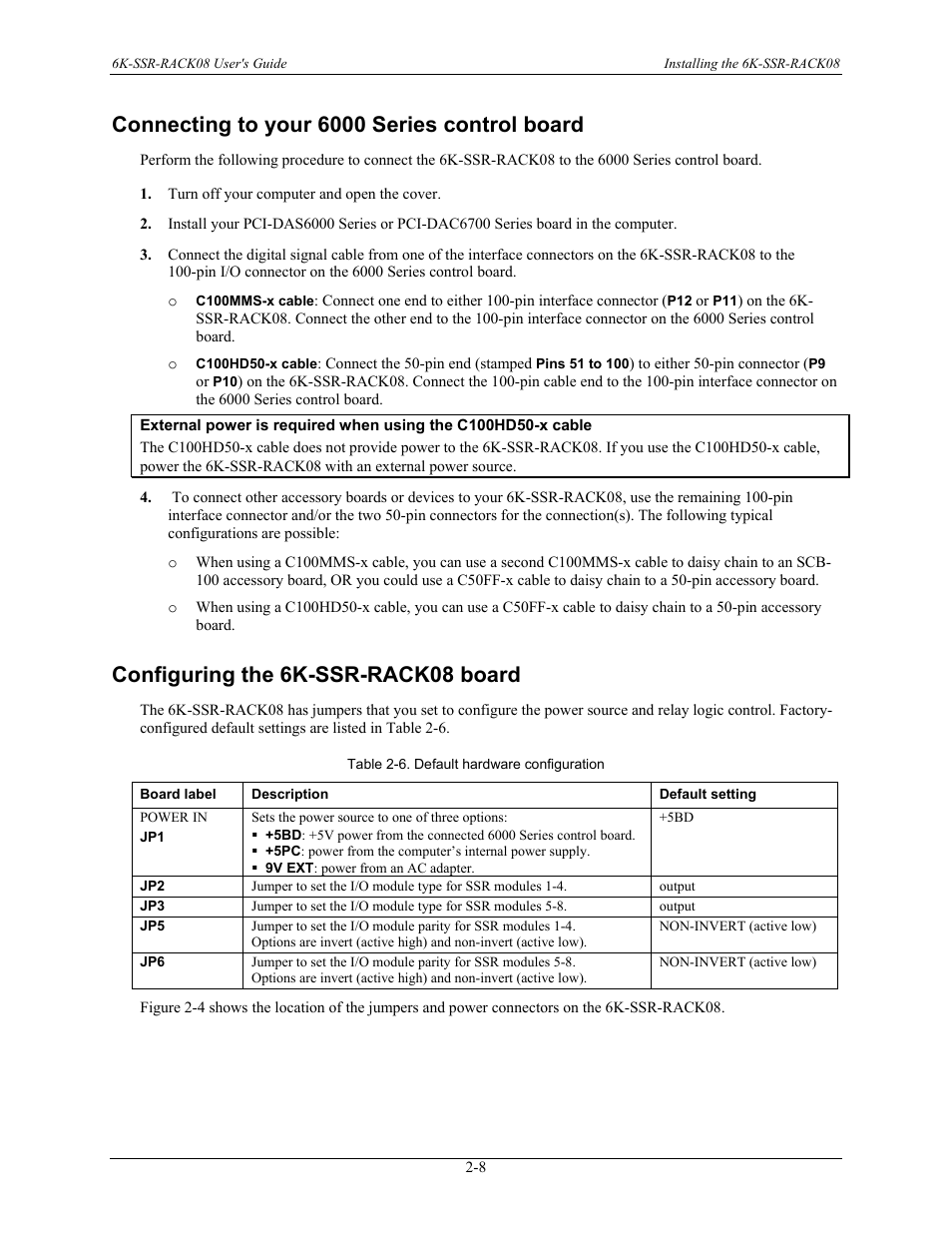 Connecting to your 6000 series control board, Configuring the 6k-ssr-rack08 board, Connecting to your 6000 series control board -8 | Configuring the 6k-ssr-rack08 board -8 | Measurement Computing 6K-SSR-RACK08 User Manual | Page 17 / 33