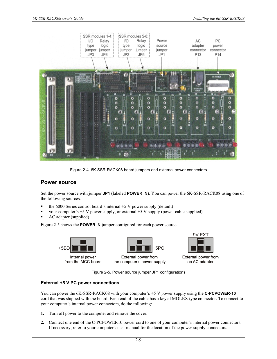 Power source, External +5 v pc power connections, Power source -9 | Measurement Computing 6K-SSR-RACK08 User Manual | Page 18 / 33