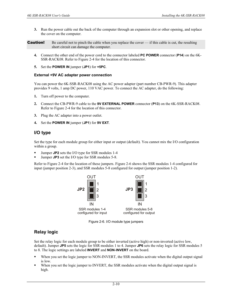 External +9v ac adapter power connection, I/o type, Relay logic | I/o type -10, Relay logic -10 | Measurement Computing 6K-SSR-RACK08 User Manual | Page 19 / 33