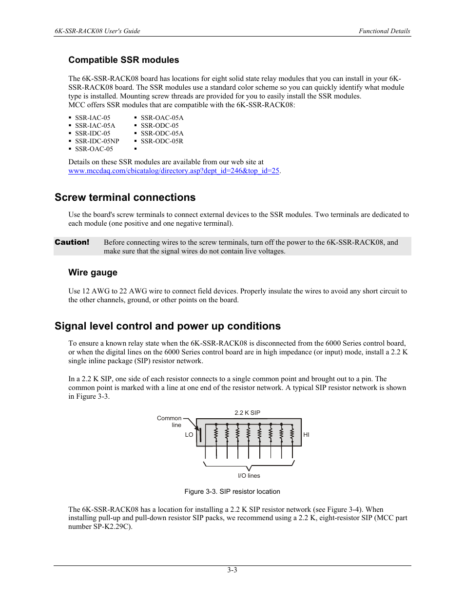 Compatible ssr modules, Screw terminal connections, Wire gauge | Signal level control and power up conditions, Compatible ssr modules -3, Screw terminal connections -3, Wire gauge -3, Signal level control and power up conditions -3 | Measurement Computing 6K-SSR-RACK08 User Manual | Page 23 / 33