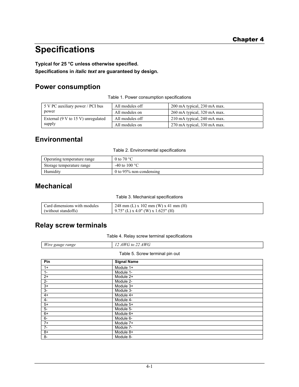 Specifications, Power consumption, Environmental | Mechanical, Relay screw terminals, Specifications -1, Power consumption -1, Environmental -1, Mechanical -1, Relay screw terminals -1 | Measurement Computing 6K-SSR-RACK08 User Manual | Page 26 / 33
