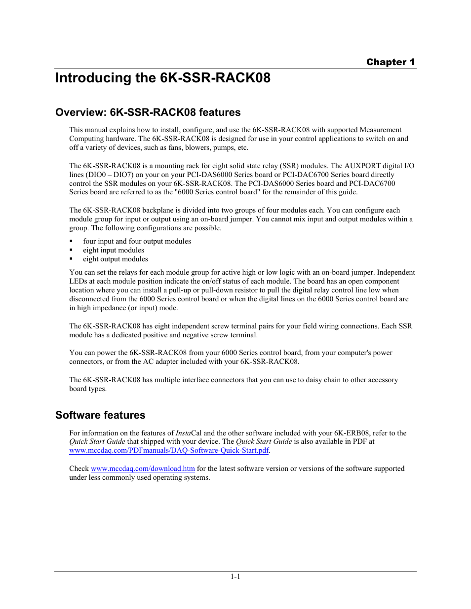 Introducing the 6k-ssr-rack08, Overview: 6k-ssr-rack08 features, Software features | Introducing the 6k-ssr-rack08 -1, Overview: 6k-ssr-rack08 features -1, Software features -1 | Measurement Computing 6K-SSR-RACK08 User Manual | Page 9 / 33