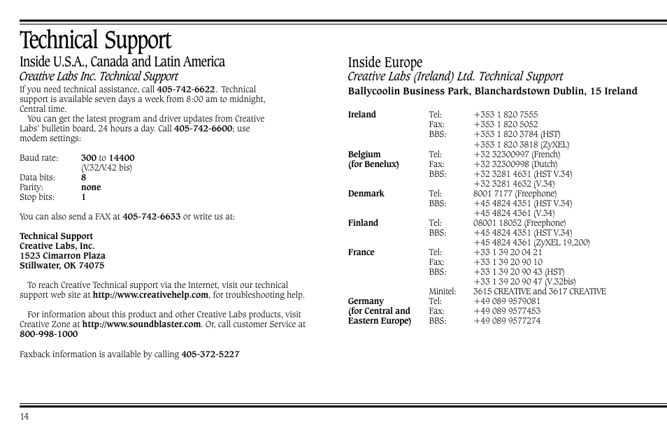 Technical support, Inside europe, Inside u.s.a., canada and latin america | Creative labs (ireland) ltd. technical support, Creative labs inc. technical support | Cambridge SoundWorks PCWorks Speaker System User Manual | Page 20 / 24