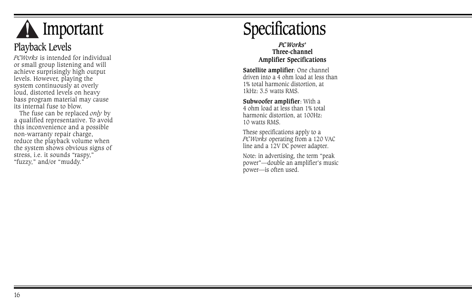 Important, Specifications, Playback levels | Cambridge SoundWorks PCWorks Speaker System User Manual | Page 22 / 24
