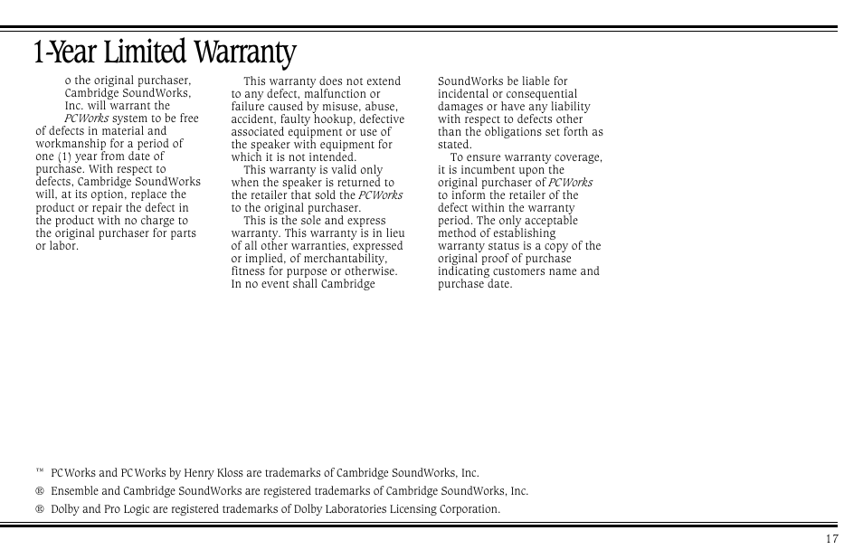 Year limited warranty | Cambridge SoundWorks PCWorks Speaker System User Manual | Page 23 / 24