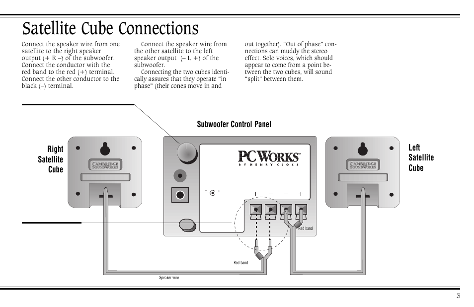 Satellite cube connections | Cambridge SoundWorks PCWorks Speaker System User Manual | Page 9 / 24