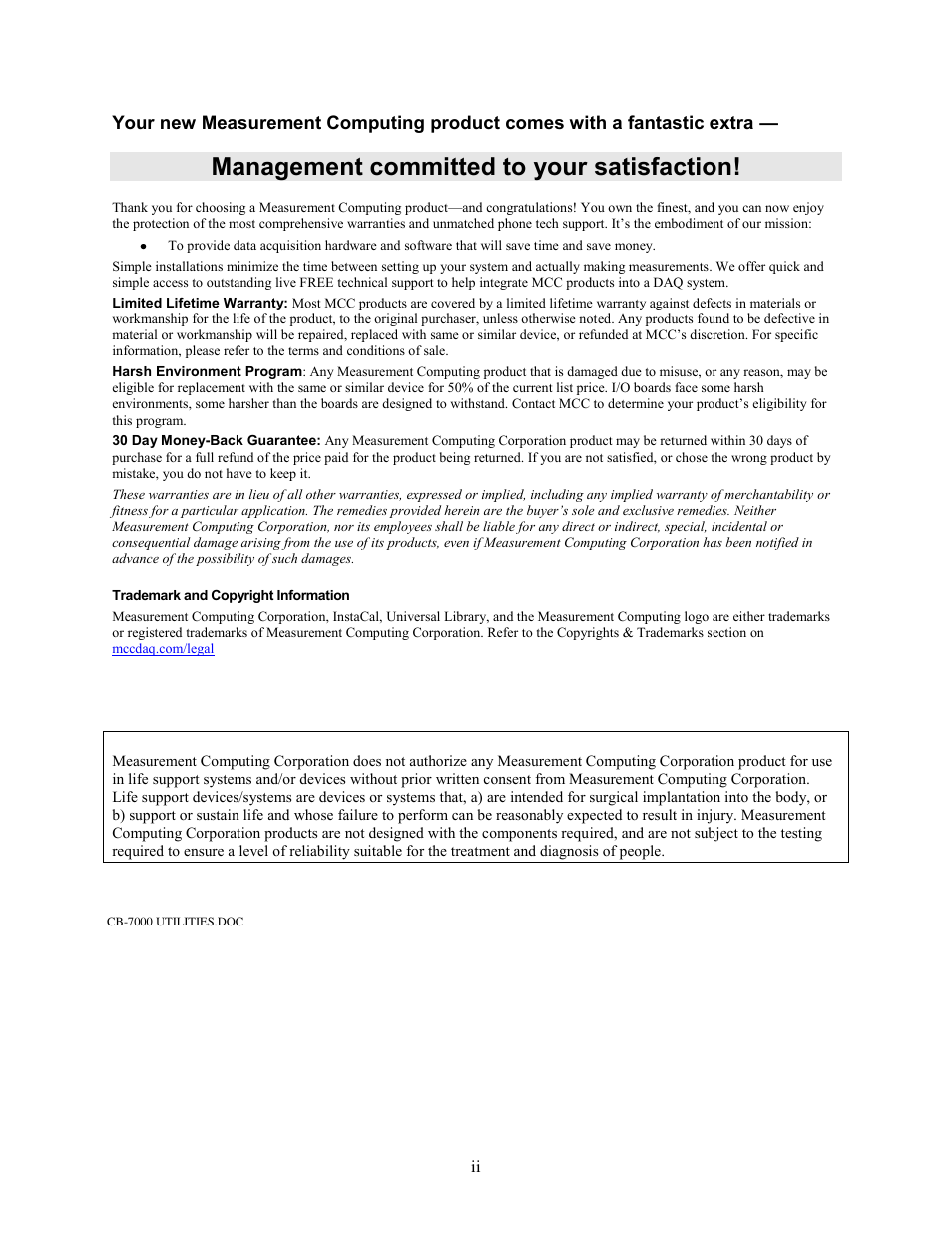 Management committed to your satisfaction | Measurement Computing CB-7000 Utilities User Manual | Page 2 / 44