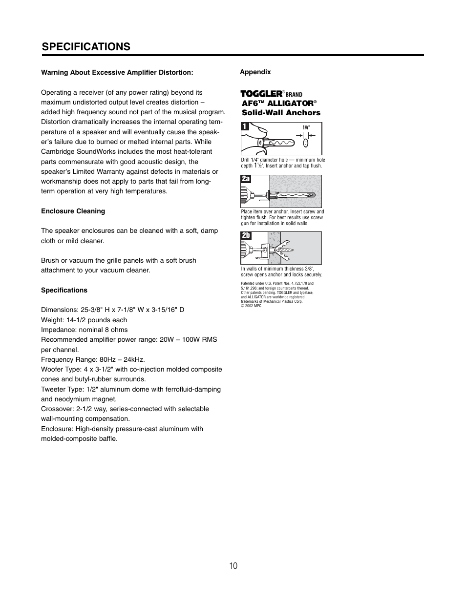 Specifications | Cambridge SoundWorks NEWTON MC650HD User Manual | Page 10 / 12