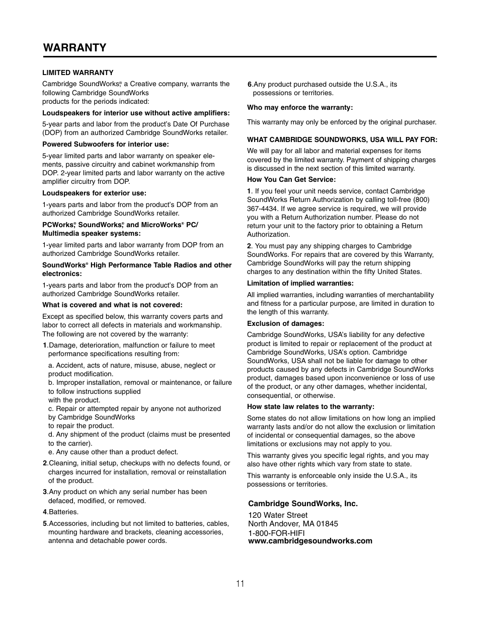 Warranty | Cambridge SoundWorks NEWTON MC650HD User Manual | Page 11 / 12