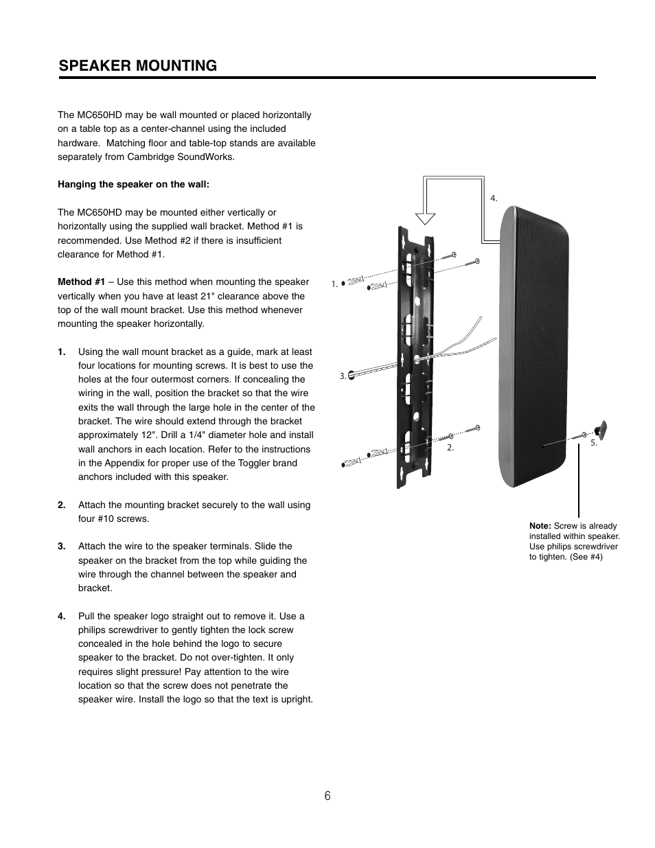 Speaker mounting | Cambridge SoundWorks NEWTON MC650HD User Manual | Page 6 / 12