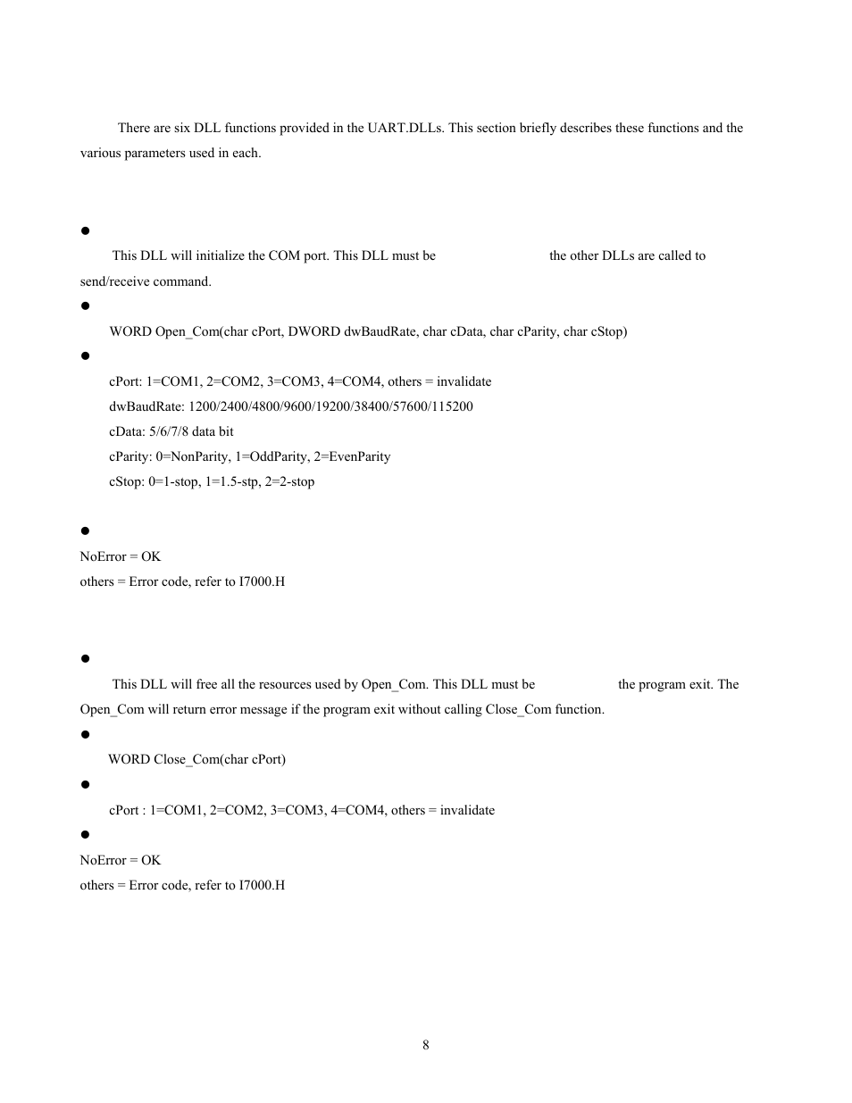Uart.dll for windows 95/nt, Open_com, Close_com | Measurement Computing CB-NAP-7000P User Manual | Page 12 / 36