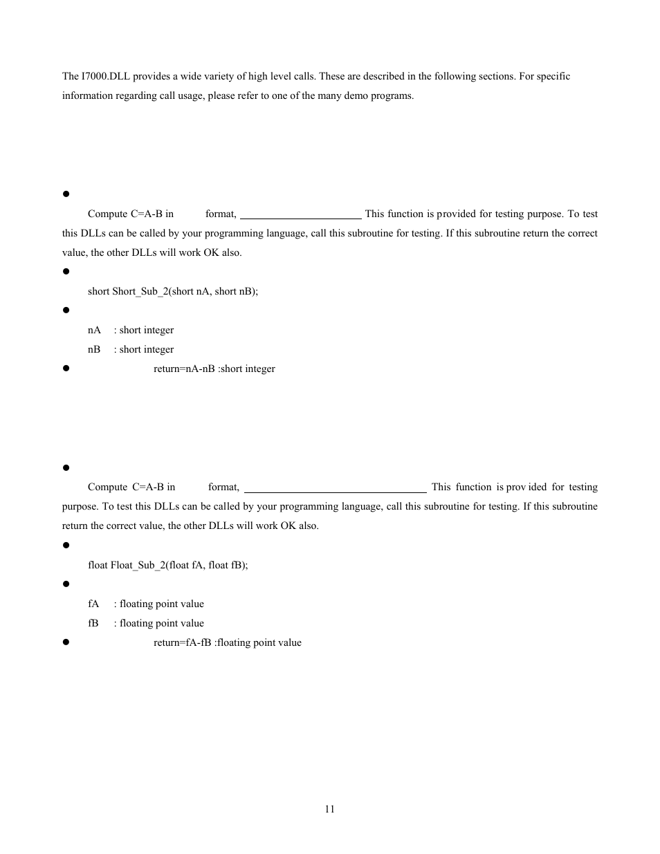 I7000.dll for windows 95/nt, Short_sub_2, Float_sub_2 | Measurement Computing CB-NAP-7000P User Manual | Page 15 / 36