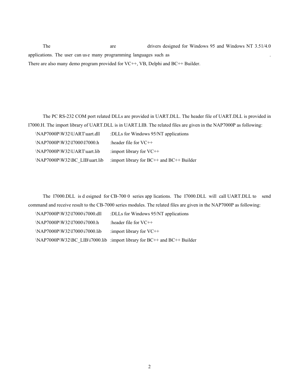 Windows 95/nt applications, Uart.dll, I7000.dll | 2 windows 95/nt applications | Measurement Computing CB-NAP-7000P User Manual | Page 6 / 36