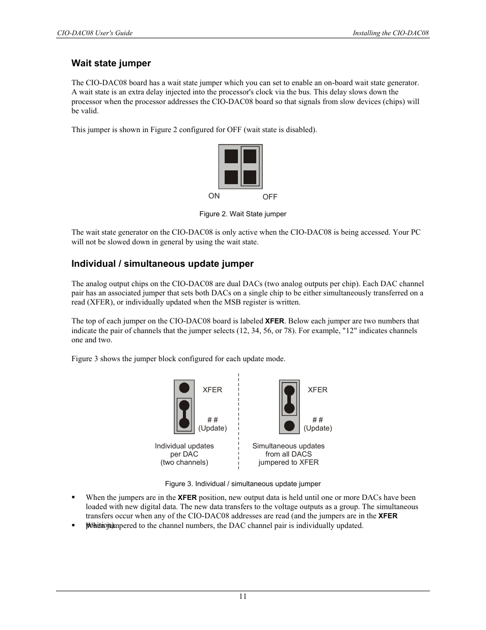 Wait state jumper, Individual / simultaneous update jumper | Measurement Computing CIO-DAC08 User Manual | Page 11 / 20
