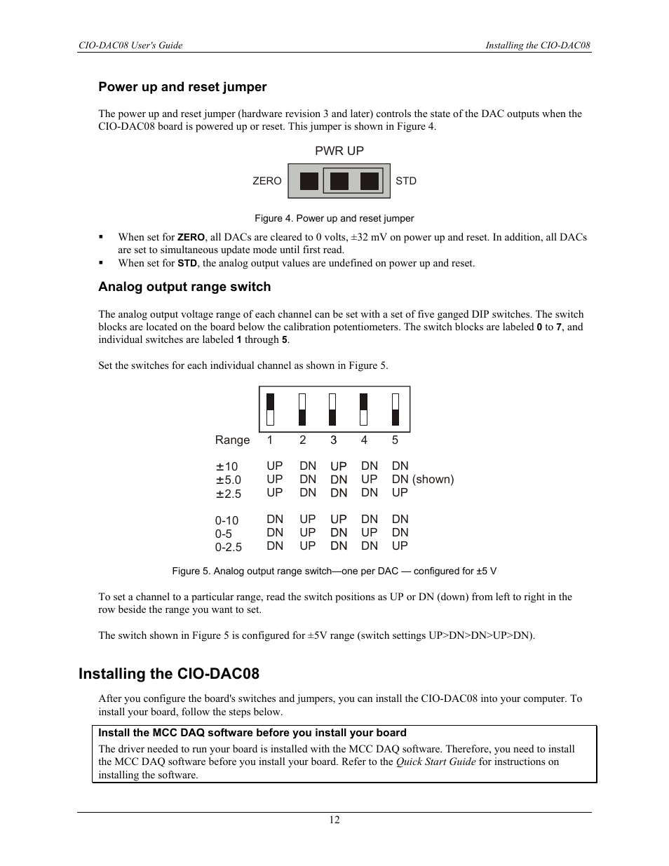 Power up and reset jumper, Analog output range switch, Installing the cio-dac08 | Measurement Computing CIO-DAC08 User Manual | Page 12 / 20