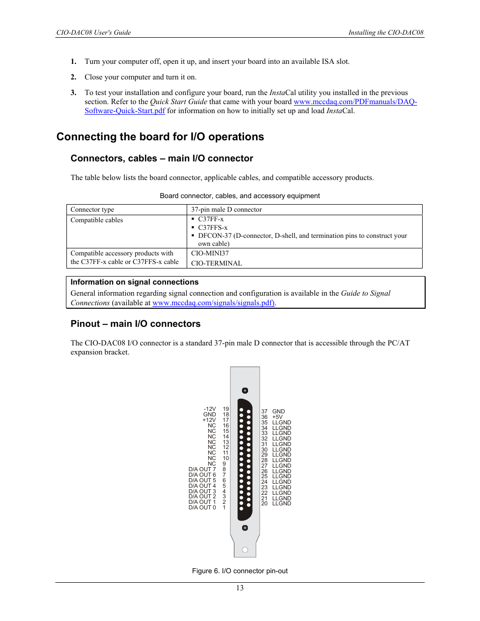 Connecting the board for i/o operations, Connectors, cables – main i/o connector, Pinout – main i/o connectors | Measurement Computing CIO-DAC08 User Manual | Page 13 / 20
