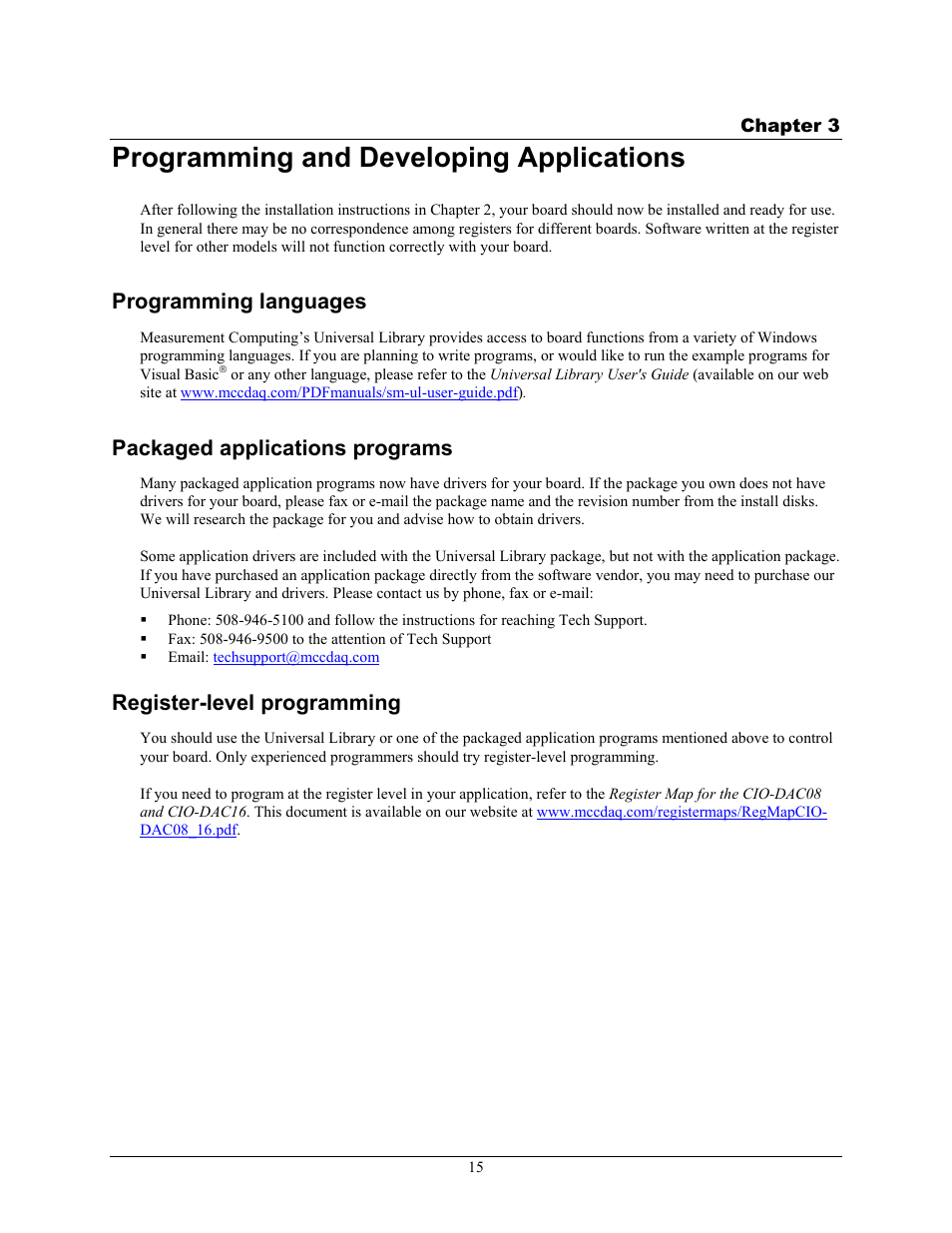 Programming and developing applications, Programming languages, Packaged applications programs | Register-level programming | Measurement Computing CIO-DAC08 User Manual | Page 15 / 20