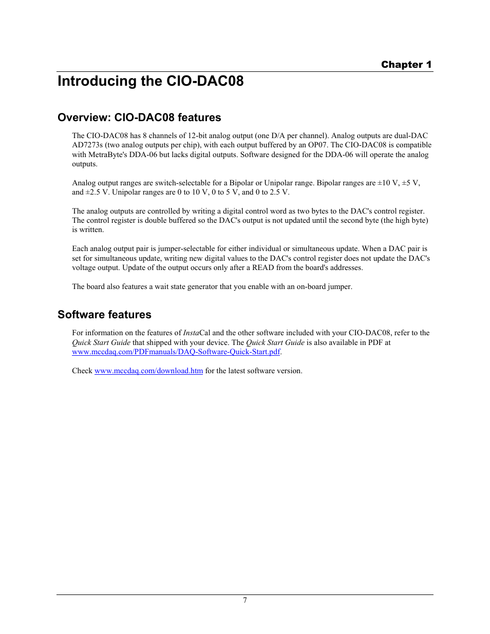 Introducing the cio-dac08, Overview: cio-dac08 features, Software features | Measurement Computing CIO-DAC08 User Manual | Page 7 / 20