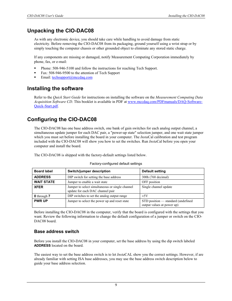 Unpacking the cio-dac08, Installing the software, Configuring the cio-dac08 | Base address switch | Measurement Computing CIO-DAC08 User Manual | Page 9 / 20