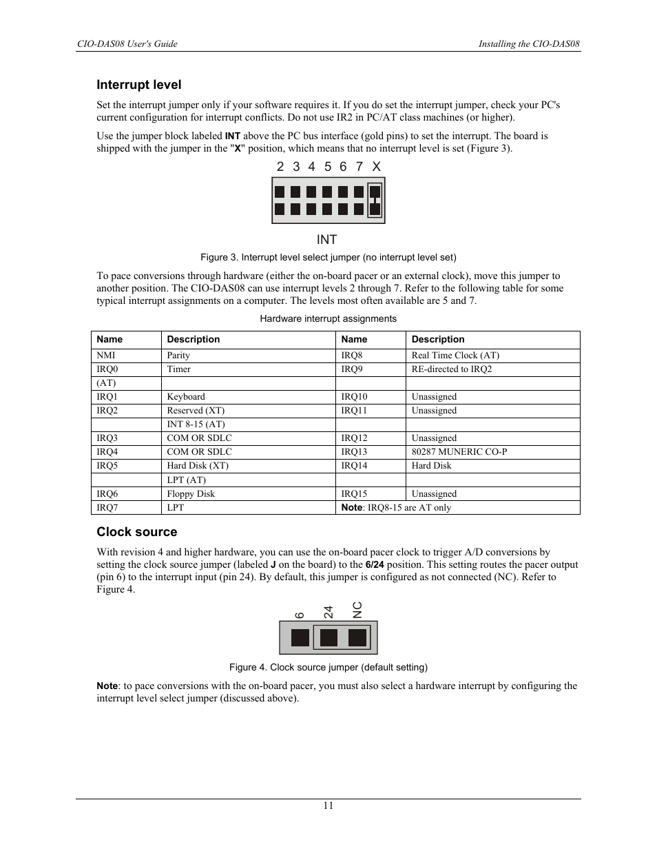 Interrupt level, Clock source | Measurement Computing CIO-DAS08 User Manual | Page 11 / 21