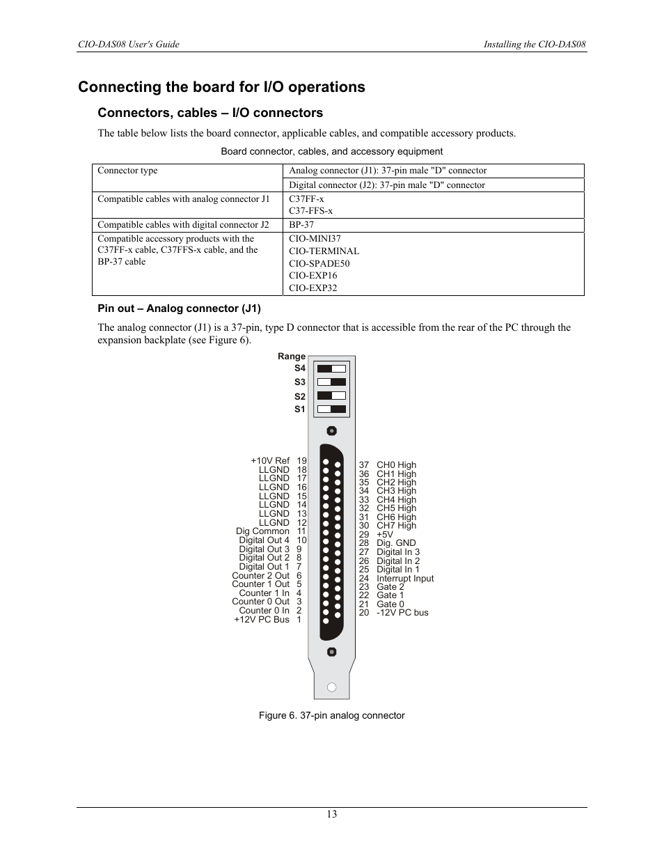 Connecting the board for i/o operations, Connectors, cables – i/o connectors, Pin out – analog connector (j1) | Measurement Computing CIO-DAS08 User Manual | Page 13 / 21