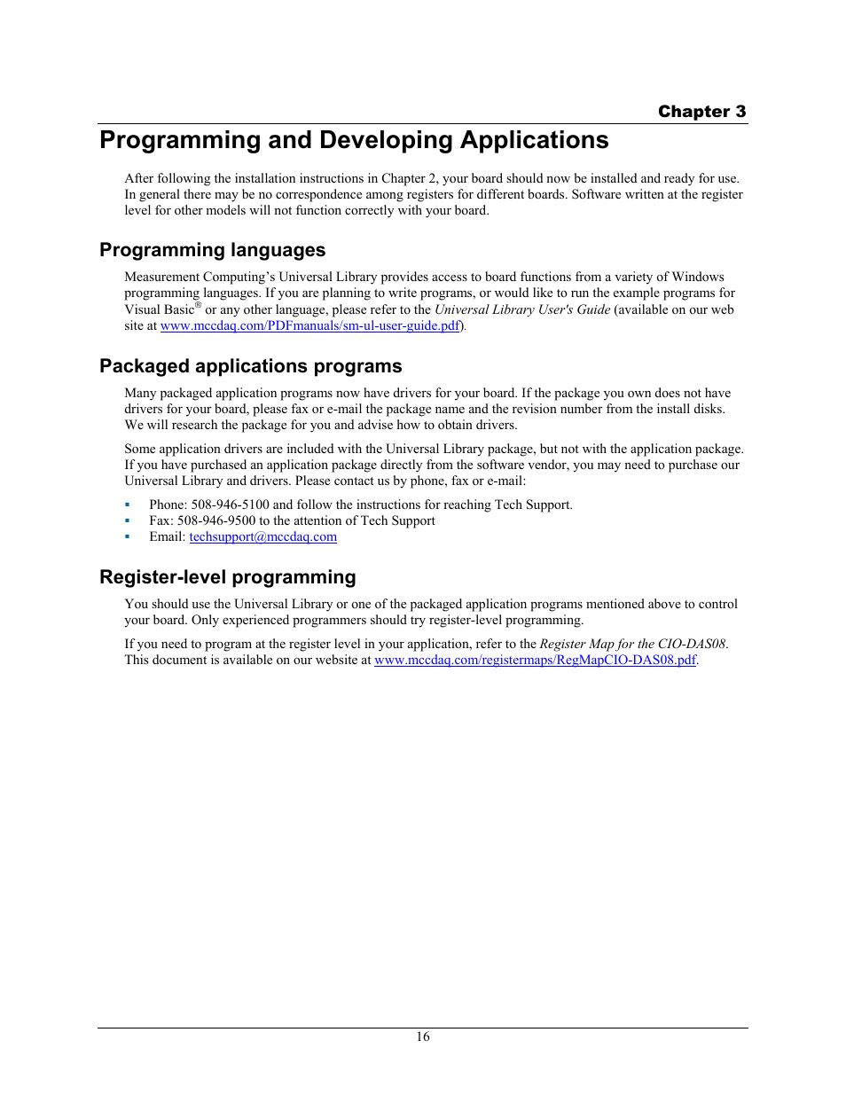 Programming and developing applications, Programming languages, Packaged applications programs | Register-level programming | Measurement Computing CIO-DAS08 User Manual | Page 16 / 21