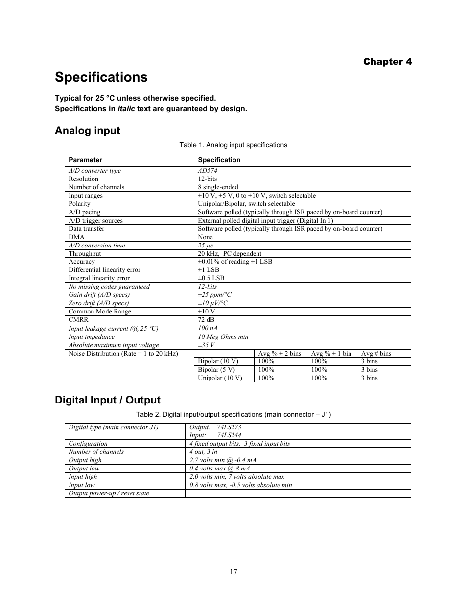 Specifications, Analog input, Digital input / output | Chapter 4 | Measurement Computing CIO-DAS08 User Manual | Page 17 / 21