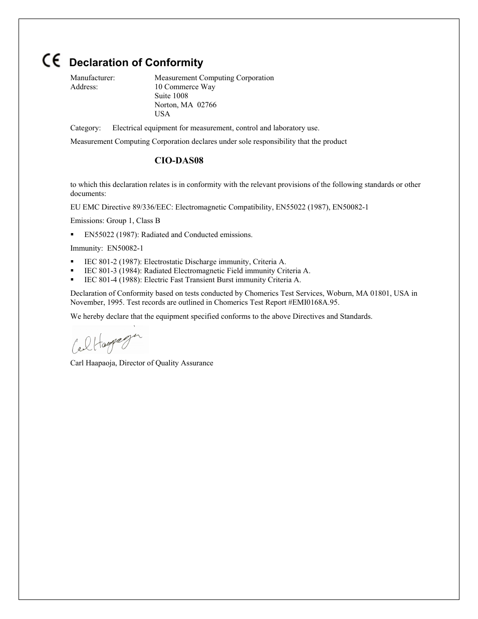 Declaration of conformity | Measurement Computing CIO-DAS08 User Manual | Page 20 / 21