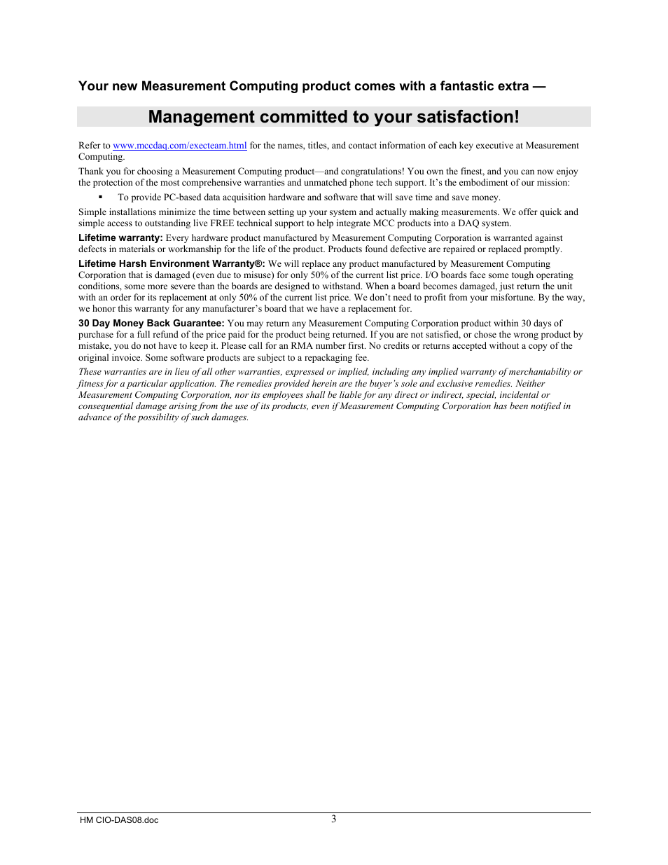 Management committed to your satisfaction | Measurement Computing CIO-DAS08 User Manual | Page 3 / 21