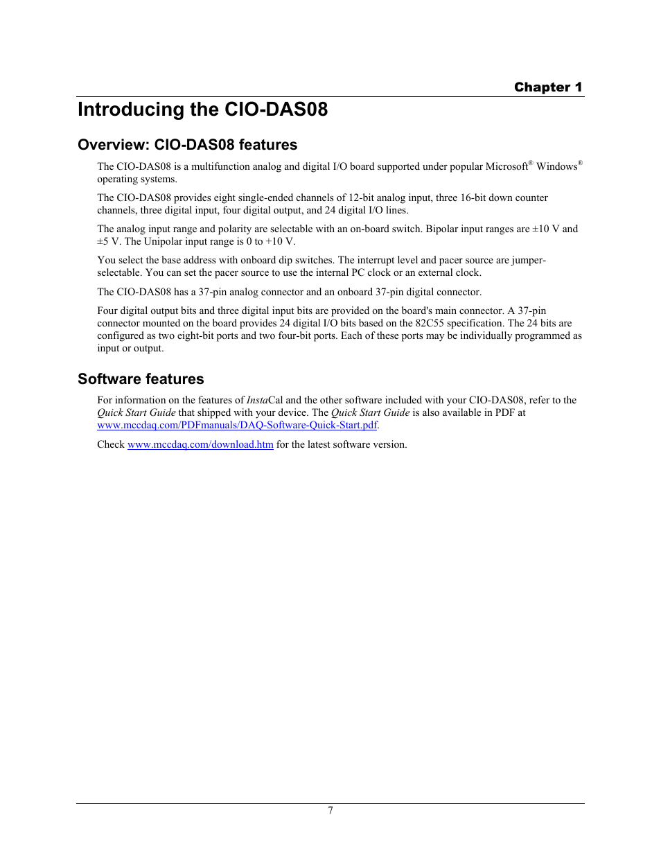 Introducing the cio-das08, Overview: cio-das08 features, Software features | Measurement Computing CIO-DAS08 User Manual | Page 7 / 21