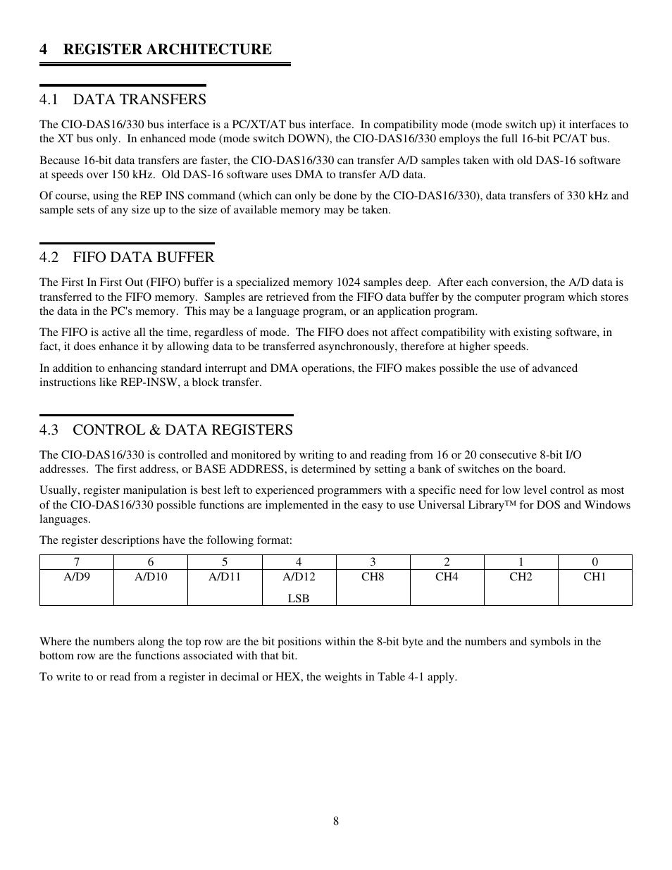4 register architecture 4.1 data transfers, 2 fifo data buffer, 3 control & data registers | Measurement Computing CIO-DAS16/330 User Manual | Page 12 / 34