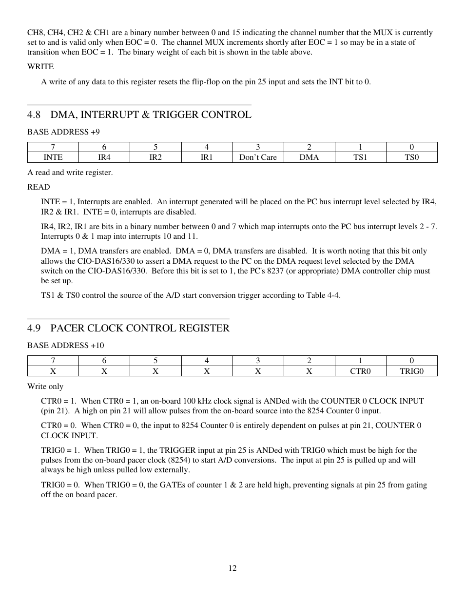 8 dma, interrupt & trigger control, 9 pacer clock control register | Measurement Computing CIO-DAS16/330 User Manual | Page 16 / 34