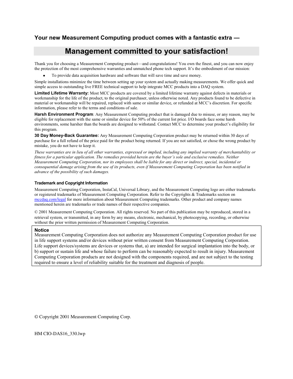 Management committed to your satisfaction | Measurement Computing CIO-DAS16/330 User Manual | Page 2 / 34